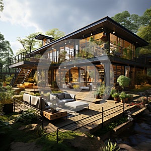 modern, luxurious house with lush vegetation