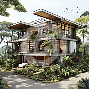 modern, luxurious house with lush vegetation