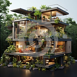 modern, luxurious house with lush vegetation