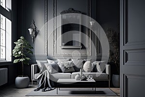 Modern luxury aesthetics style living room in gray background. Illustration Generative AI