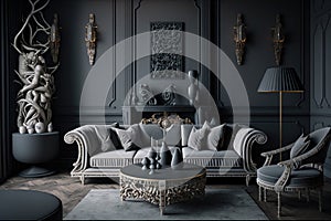 Modern luxury aesthetics style living room in gray background. Illustration Generative AI