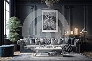 Modern luxury aesthetics style living room in gray background. Illustration Generative AI