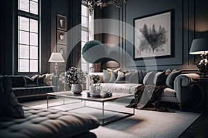 Modern luxury aesthetics style living room in gray background. Illustration Generative AI