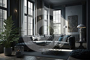 Modern luxury aesthetics style living room in gray background. Illustration Generative AI