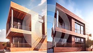 Modern luxury apartment building with elegant wood and glass design generated by AI