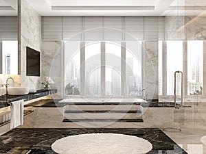 Modern luxury bathroom with black and white marble tile 3d render,