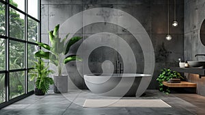 Modern luxury bathroom interior with green plants, window and concrete walls in tropical house or building. Theme of contemporary