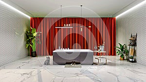 Modern and luxury bathroom interior with marble tiled floor and bathtub, 3d rendering