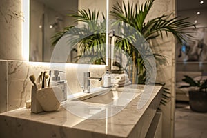 Modern luxury bathroom interior. Wall-hung cabinet with marble table top and built-in sink, toiletries, home decor