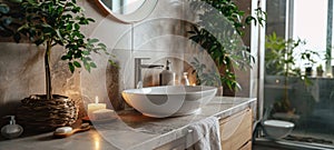 Modern luxury bathroom interior. Wall-hung cabinet with marble table top and surface-mounted sink, toiletries, home