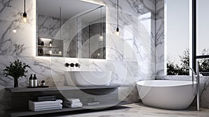 Modern and luxury bathroom interior with white marble carrara walls, concrete floor, comfortable white bathtub and big sink