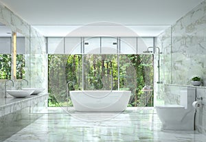Modern luxury bathroom with nature view 3d rendering image