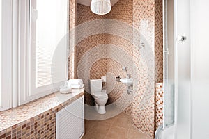 Modern luxury bathroom with shower cabin and window. Interior design.