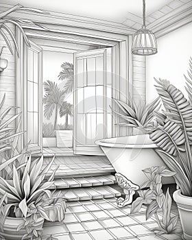 Modern luxury bathroom with tropical style garden view. Coloring book page for kids and adult