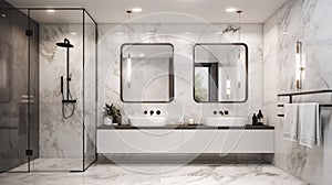 Modern, luxury bathroom with white marble carrara walls, tiled floor, comfortable white shower and double sink