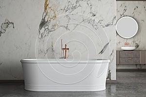 Modern luxury bathroom, white marble walls,