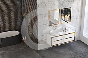 Modern luxury bathroom, white marble walls, bathtub, concrete floor, indoor plants, side view.