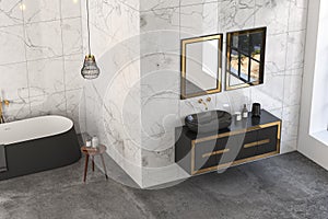 Modern luxury bathroom, white marble walls, bathtub, concrete floor, indoor plants, side view.