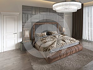 Modern luxury bed in art deco style with quilt and wooden headboard of parquet. Bedroom in brown colors