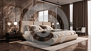 Modern luxury bedroom interior design with brown marble walls, wooden floor, king size bed with brown carpet.