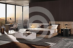 Modern luxury bedroom interior in minimal scandinavian style.