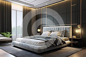 Modern luxury bedroom interior in minimal scandinavian style. AI generative