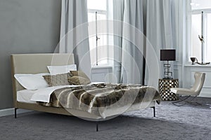 Modern luxury bedroom interior in retro style, grey colors.