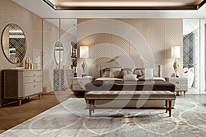 Modern luxury bedroom interiorn in pastel colors. photo