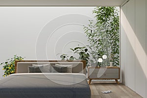 Modern luxury bedroom with minimal indoor garden behind interior design