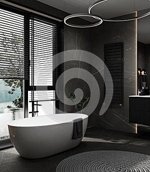 Modern luxury black bathroom with black marble tile, bathtub, plant and large windows nature light shining in to the room, 3d