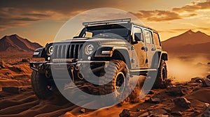 Modern Luxury Black Color Jeep In Desert With Mountains At Golden Hour Blurry Background