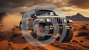 Modern Luxury Black Color Jeep In Desert With Mountains At Golden Hour Blurry Background