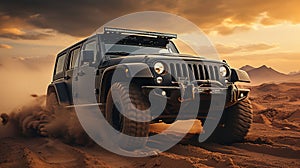 Modern Luxury Black Color Jeep In Desert With Mountains At Golden Hour Blurry Background