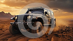 Modern Luxury Black Color Jeep In Desert With Mountains At Golden Hour Blurry Background