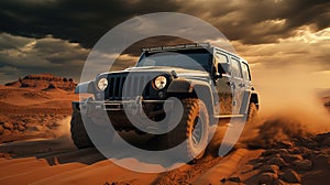 Modern Luxury Black Color Jeep In Desert With Mountains At Golden Hour Blurry Background