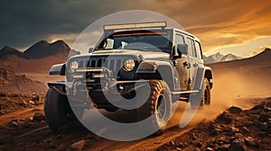 Modern Luxury Black Color Jeep In Desert With Mountains At Golden Hour Blurry Background