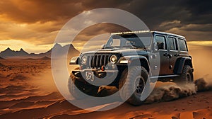 Modern Luxury Black Color Jeep In Desert With Mountains At Golden Hour Blurry Background