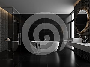 Modern luxury black tile wall bathroom 3d render