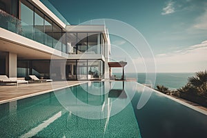 modern luxury building with a terrace and an infinity pool against the sea, the idea of a family holiday