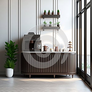A Modern Luxury Cafe with Corrugated Counters, Espresso Machine, Cake Display Fridge, Plants, and Sunlit Interiors on a White