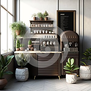 A Modern Luxury Cafe with Corrugated Counters, Espresso Machine, Cake Display Fridge, Plants, and Sunlit Interiors on a White