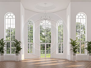 Modern luxury classical style empty white room with nature view 3d render