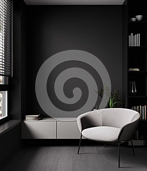 Modern luxury dark living room interior background with grey armchair, dark room interior mock up, black empty wall mockup,