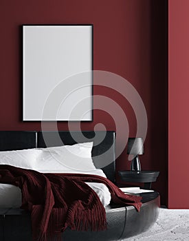 Modern luxury dark red bedroom interior, poster, wall mock up