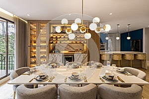 Modern luxury dinningroom with kitchen