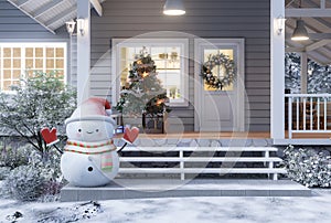 Modern luxury front home entrance porch in winter with Christmas and New Year concept 3d render