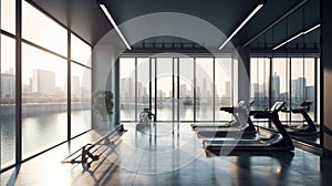 Modern luxury gym interior with swimming pool, empty mock up place on wall and panoramic windows with city view and daylight