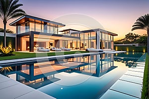 Modern Luxury Home Bathed in Warm Sunset Glow, Sprawling Manicured Lawn Leading to a Reflective Infinity Pool