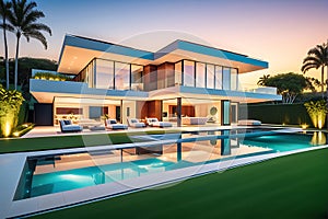 Modern Luxury Home Bathed in Warm Sunset Glow, Sprawling Manicured Lawn Leading to a Reflective Infinity Pool