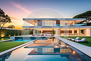 Modern Luxury Home Bathed in Warm Sunset Glow, Sprawling Manicured Lawn Leading to a Reflective Infinity Pool